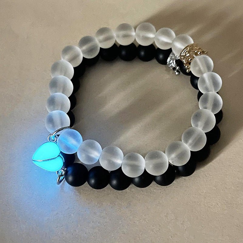 Fashion Jewelry 2pcs Handmade Crown Beaded Charms Bracelet Luminou Heart Glow In The Dark Couple Bracelet For Lover Men Women Fluorescent Gift - Babazayed