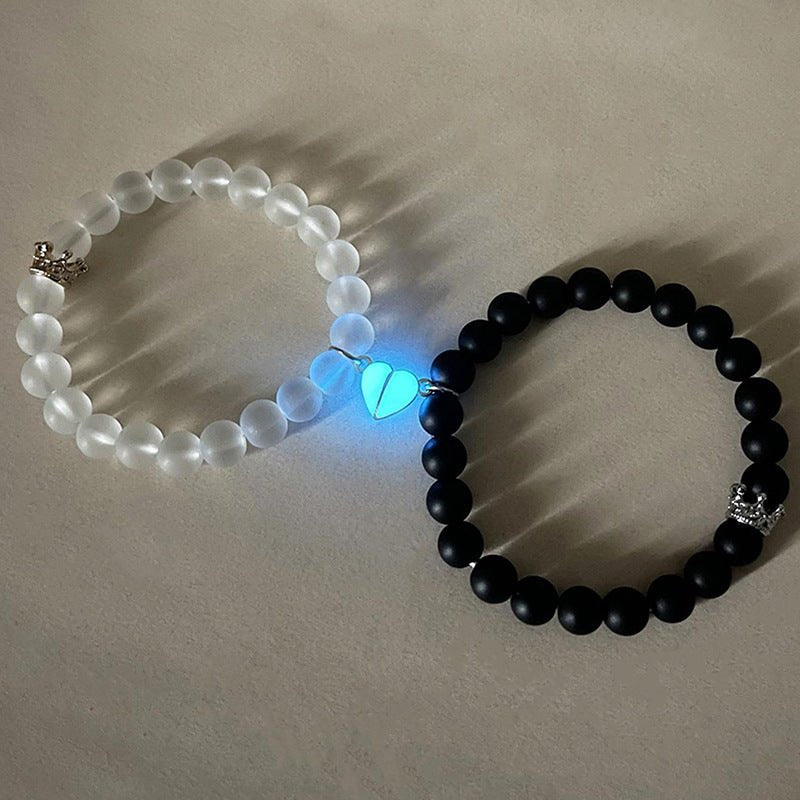 Fashion Jewelry 2pcs Handmade Crown Beaded Charms Bracelet Luminou Heart Glow In The Dark Couple Bracelet For Lover Men Women Fluorescent Gift - Babazayed