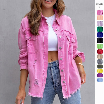 Fashion Ripped Shirt Jacket Female Autumn And Spring Casual Tops Womens Clothing - Babazayed