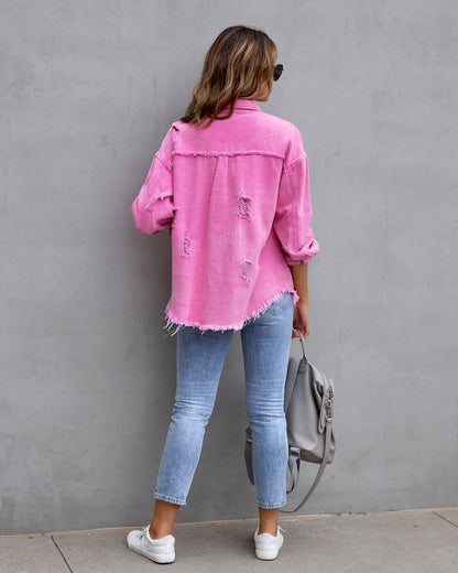 Fashion Ripped Shirt Jacket Female Autumn And Spring Casual Tops Womens Clothing - Babazayed