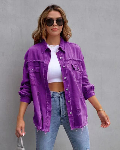 Fashion Ripped Shirt Jacket Female Autumn And Spring Casual Tops Womens Clothing - Babazayed
