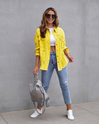 Fashion Ripped Shirt Jacket Female Autumn And Spring Casual Tops Womens Clothing - Babazayed
