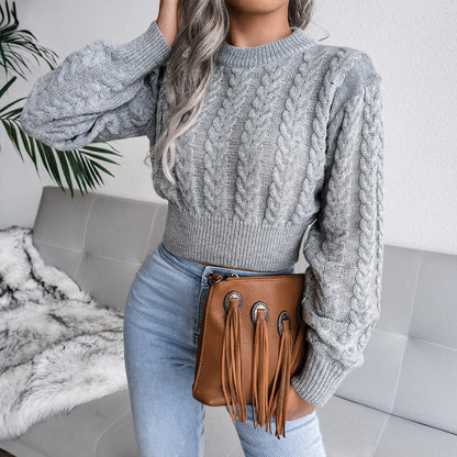 Cable Knit Waist Cinched Cropped Sweater
