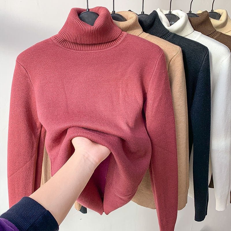 Fleece Turtle Neck Sweater Winter Warm Elegant Thick Knitted Pullover Tops Women's Clothing - Babazayed