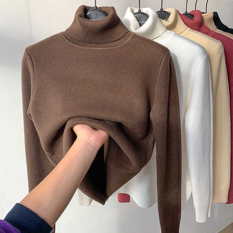 Fleece Turtle Neck Sweater Winter Warm Elegant Thick Knitted Pullover Tops Women's Clothing - Babazayed