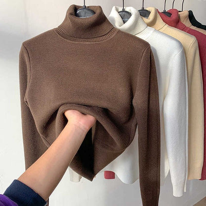 Fleece Turtle Neck Sweater Winter Warm Elegant Thick Knitted Pullover Tops Women's Clothing - Babazayed