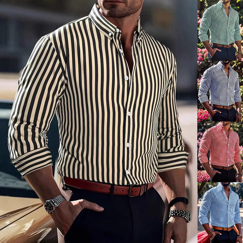 Ins Stripe Printed Long Sleeve Shirt Men Fashion Casual Lapel Button Top Clothing - Babazayed