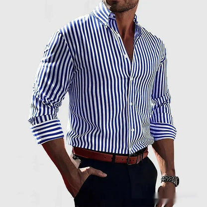 Ins Stripe Printed Long Sleeve Shirt Men Fashion Casual Lapel Button Top Clothing - Babazayed