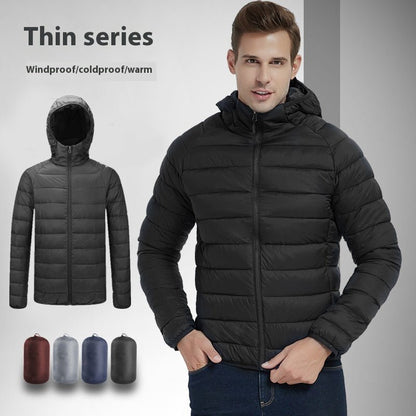 Men's Lightweight Hooded Coat Winter Warm Solid Color Zipper Jacket Fashion Portable Outerwear Top Clothing - Babazayed