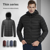 Men's Lightweight Hooded Coat Winter Warm Solid Color Zipper Jacket Fashion Portable Outerwear Top Clothing - Babazayed