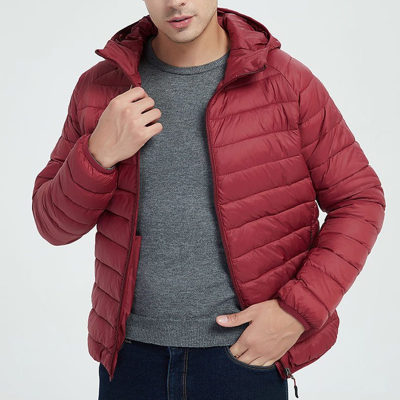 Men's Lightweight Hooded Coat Winter Warm Solid Color Zipper Jacket Fashion Portable Outerwear Top Clothing - Babazayed