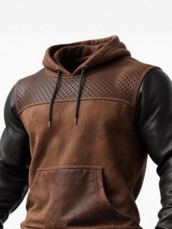 Men's Retro Brown Leather Decorative Perforated Hooded Casual Sweatshirt - Babazayed