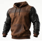 Men's Retro Brown Leather Decorative Perforated Hooded Casual Sweatshirt - Babazayed