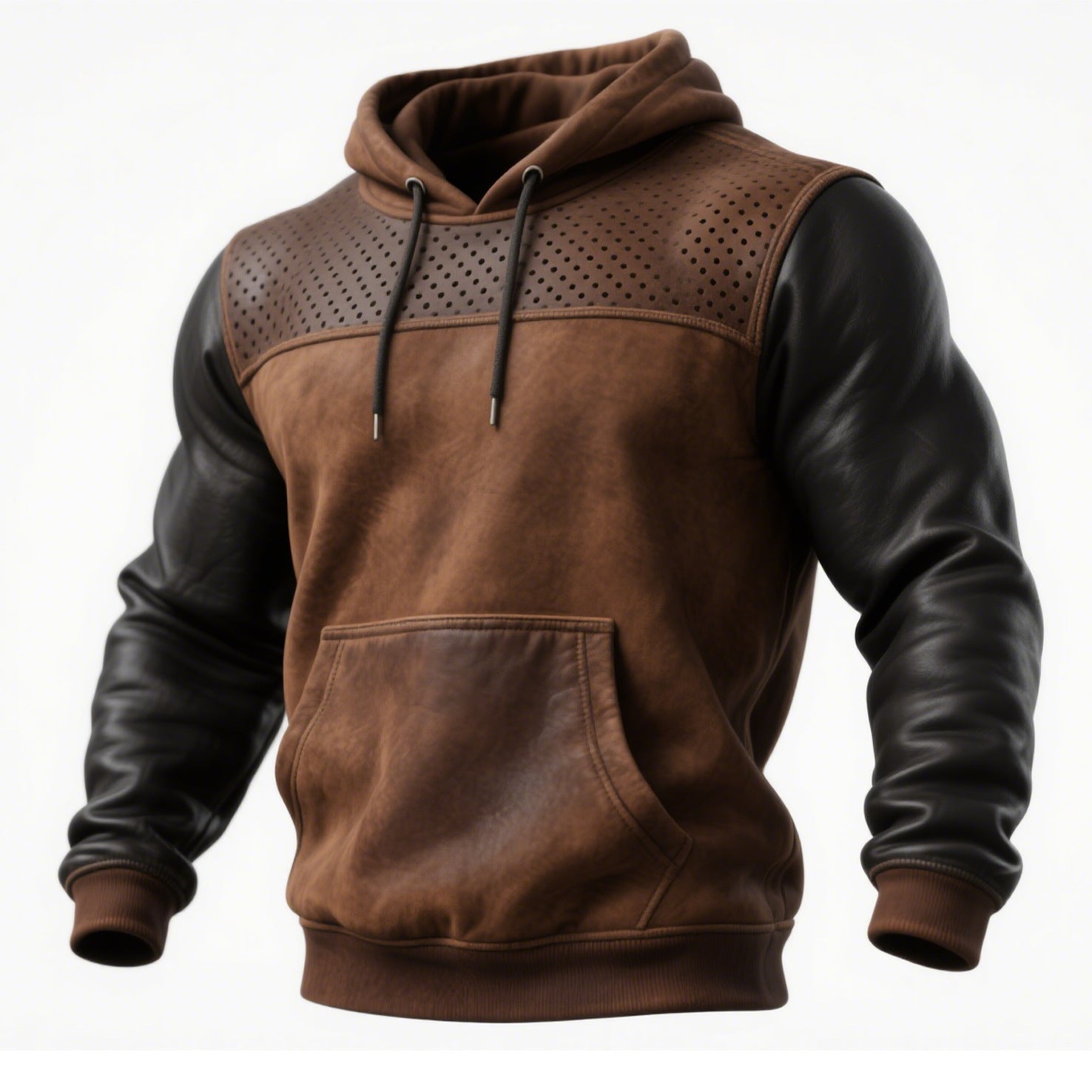 Men's Retro Brown Leather Decorative Perforated Hooded Casual Sweatshirt - Babazayed