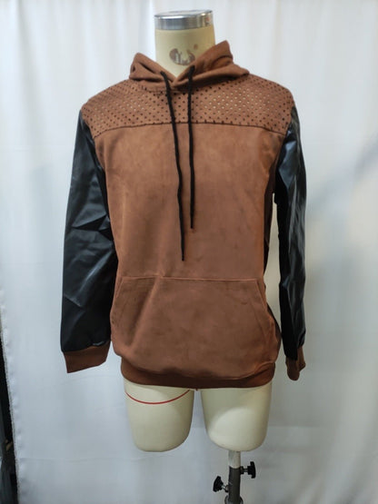 Men's Retro Brown Leather Decorative Perforated Hooded Casual Sweatshirt - Babazayed