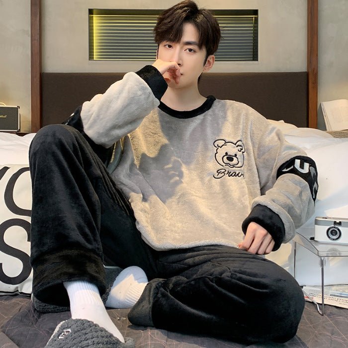 Pajamas Coral Fleece Fleece Lined Padded Warm Keeping Flannel Home Wear Winter Suit - Babazayed