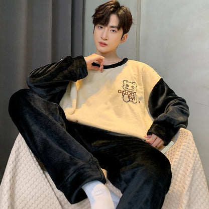 Pajamas Coral Fleece Fleece Lined Padded Warm Keeping Flannel Home Wear Winter Suit - Babazayed