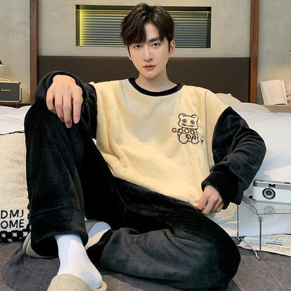 Pajamas Coral Fleece Fleece Lined Padded Warm Keeping Flannel Home Wear Winter Suit - Babazayed