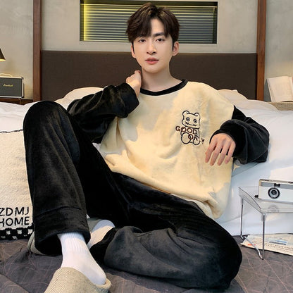 Pajamas Coral Fleece Fleece Lined Padded Warm Keeping Flannel Home Wear Winter Suit - Babazayed