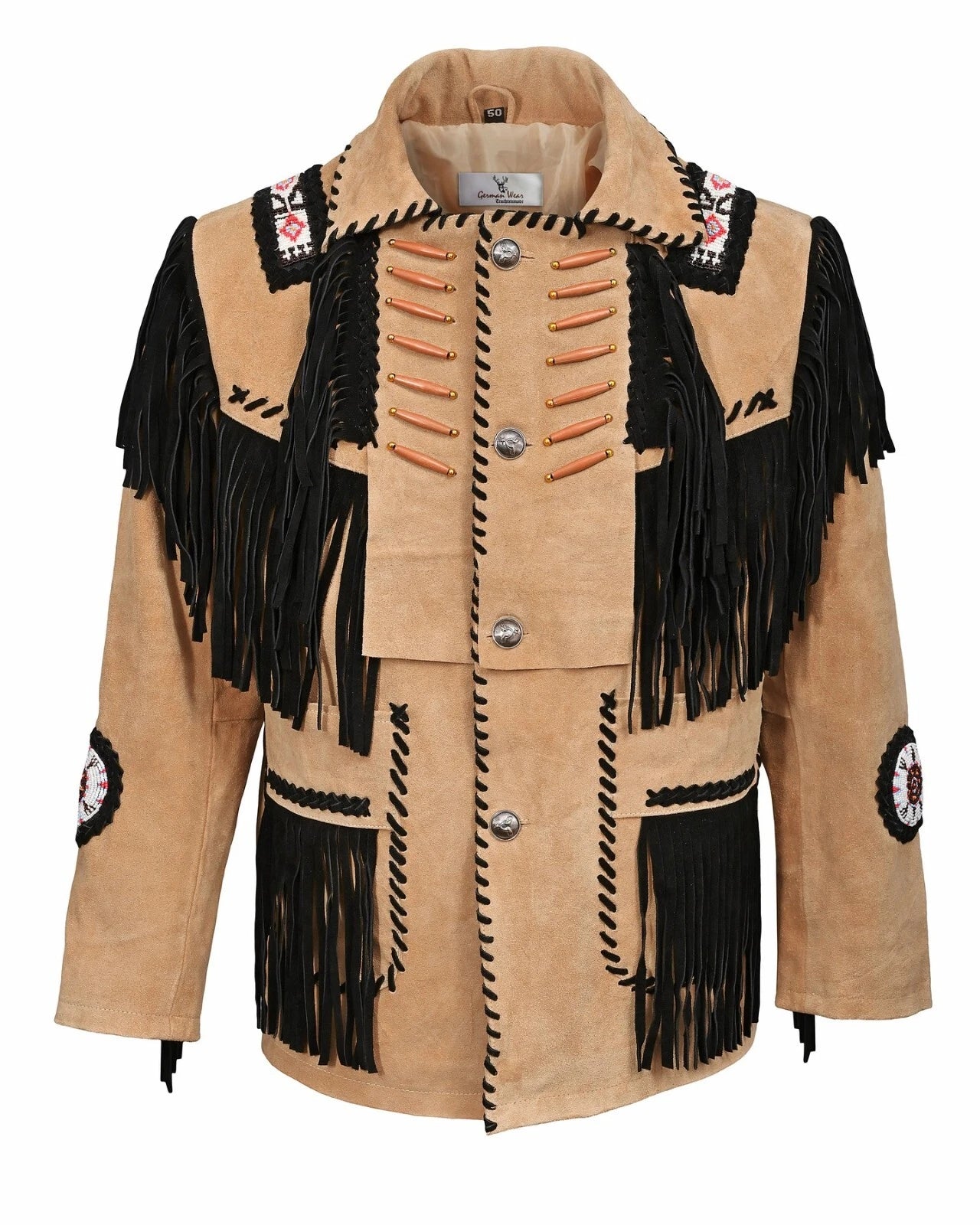 Men Native American Western Cowboy Suede Leather Jacket Fringe Bones Beaded Coat