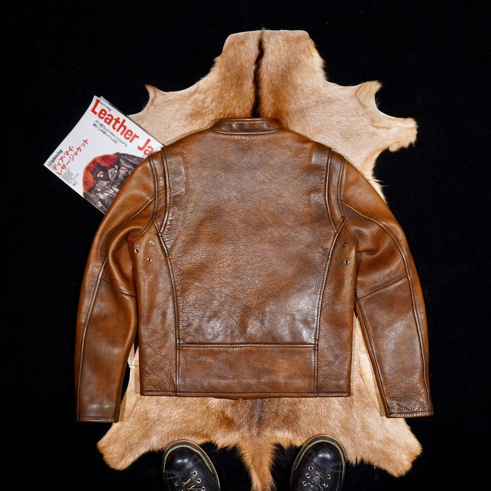 Full Grain Vegetable Tanned Washed Aged Cowhide Men's J100 Leather Biker Jacket