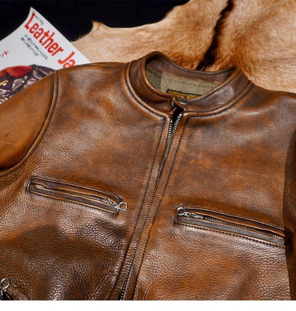 Full Grain Vegetable Tanned Washed Aged Cowhide Men's J100 Leather Biker Jacket