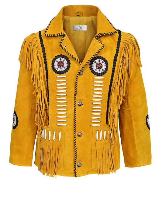 Men Native American Western Cowboy Suede Leather Jacket Fringe Bones Beaded Coat