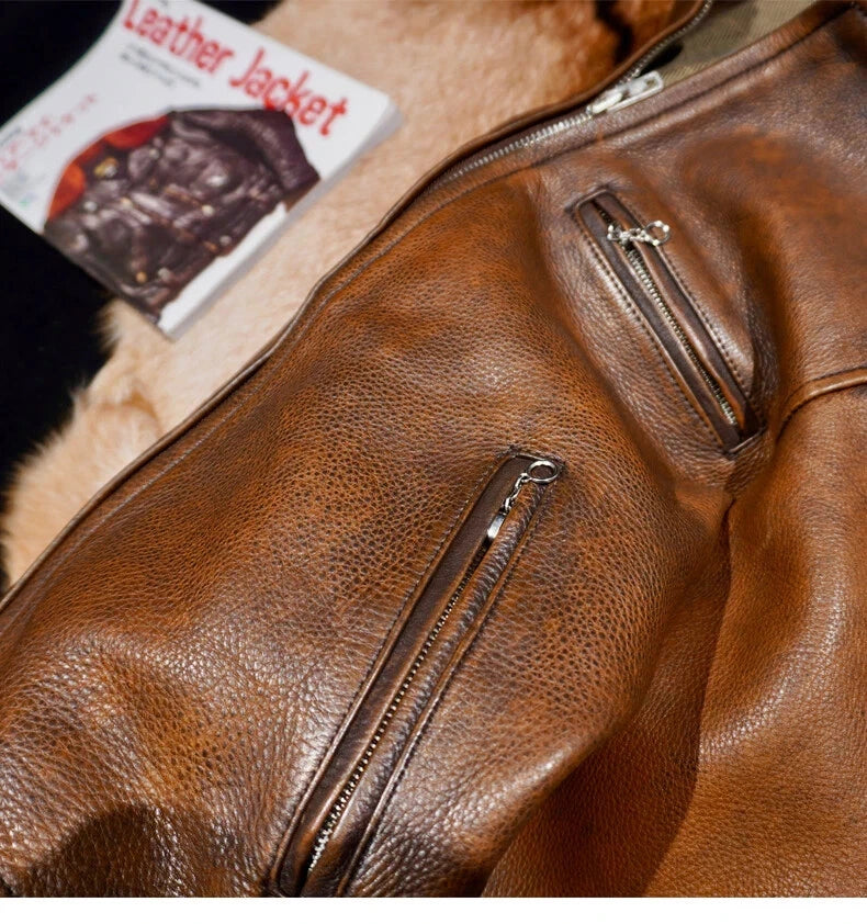 Full Grain Vegetable Tanned Washed Aged Cowhide Men's J100 Leather Biker Jacket