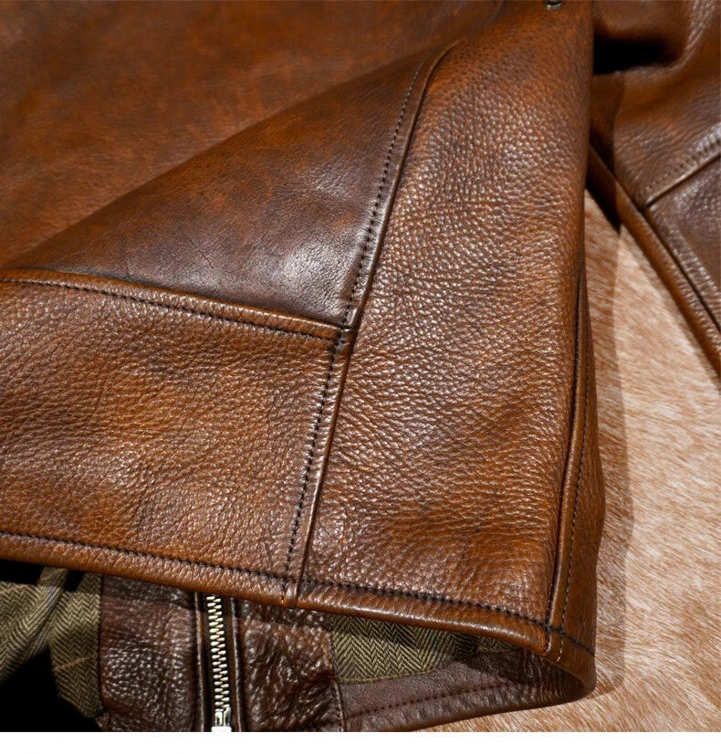 Full Grain Vegetable Tanned Washed Aged Cowhide Men's J100 Leather Biker Jacket