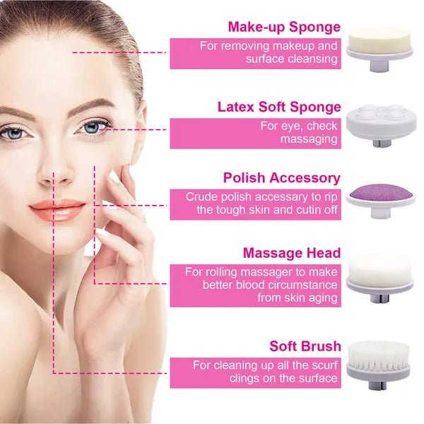 Waterproof Facial Cleansing Brush Face Spin Cleaning Brush Scrubber With 5 Brush Heads For Women - Babazayed