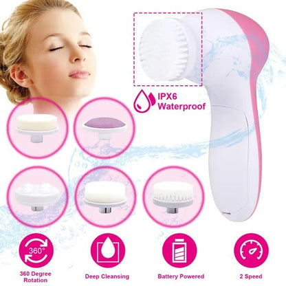 Waterproof Facial Cleansing Brush Face Spin Cleaning Brush Scrubber With 5 Brush Heads For Women - Babazayed
