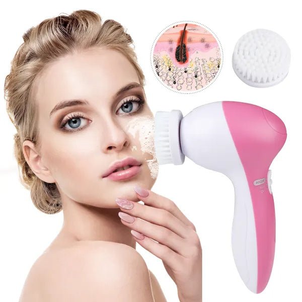Waterproof Facial Cleansing Brush Face Spin Cleaning Brush Scrubber With 5 Brush Heads For Women - Babazayed