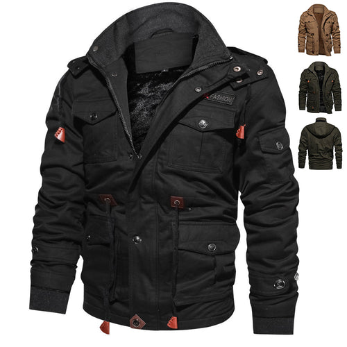 Winter Zip - up Coat Warm Thickened Detachable Hooded Jacket Multi - pocket Button Drawstring Long Sleeve Tops Men's Cargo Clothing - Babazayed