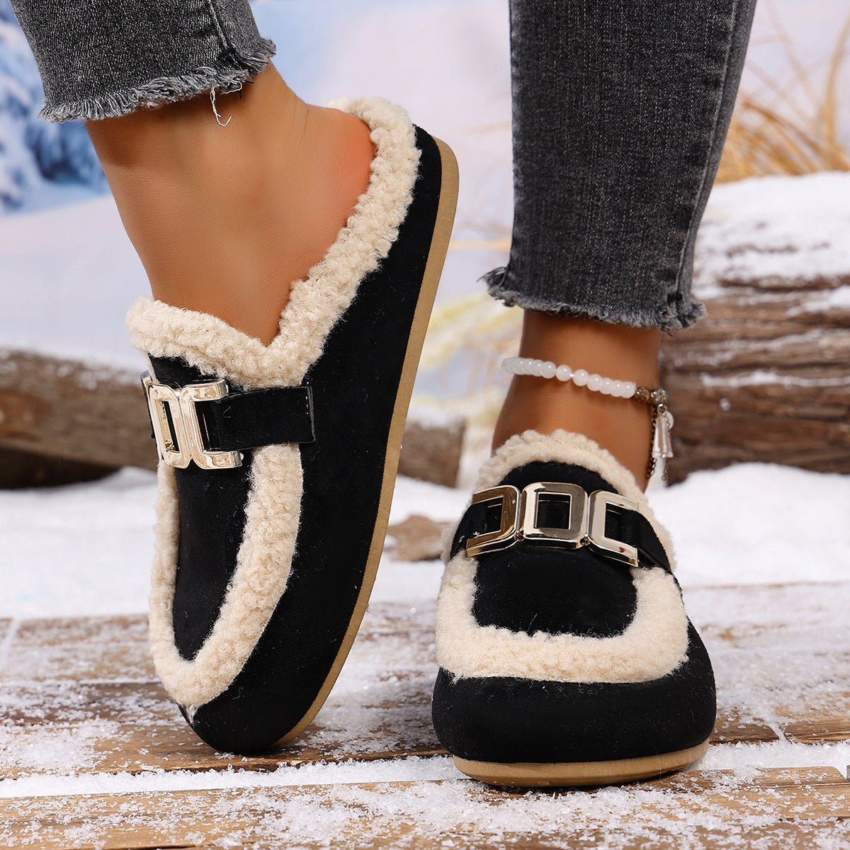 Women's Flat Lamb Wool Slippers Winter New Birkenstock Closed Toe Fluffy Shoes Lazy Cotton Slippers - Babazayed