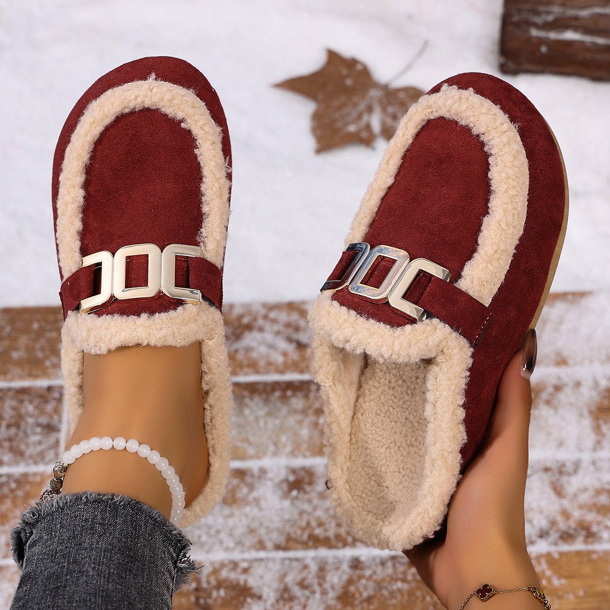 Women's Flat Lamb Wool Slippers Winter New Birkenstock Closed Toe Fluffy Shoes Lazy Cotton Slippers - Babazayed