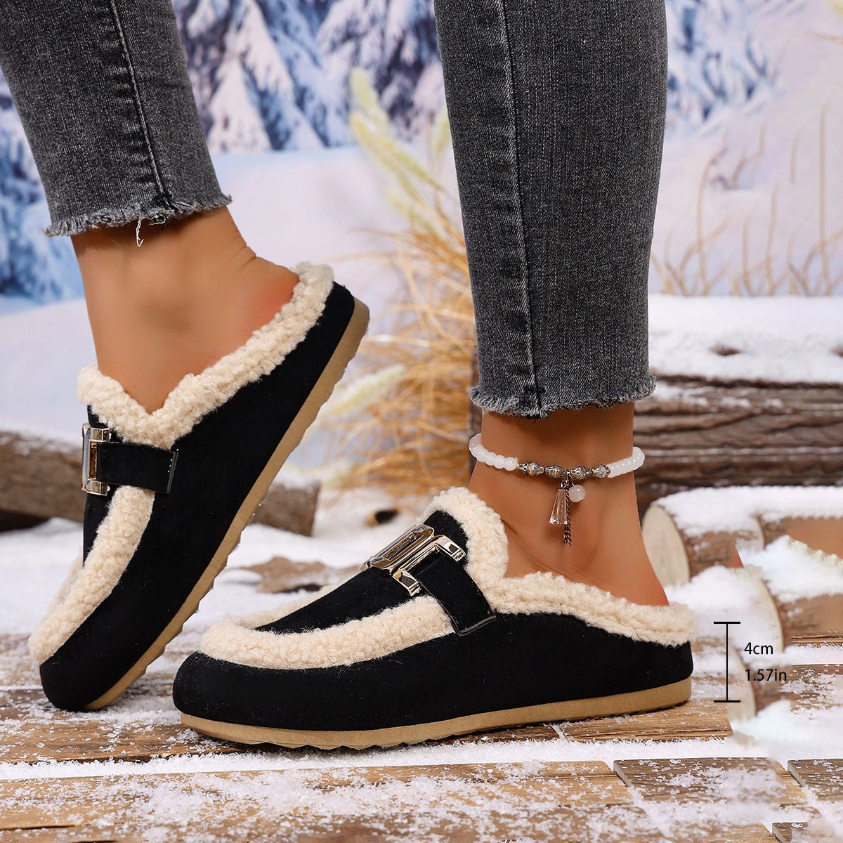 Women's Flat Lamb Wool Slippers Winter New Birkenstock Closed Toe Fluffy Shoes Lazy Cotton Slippers - Babazayed