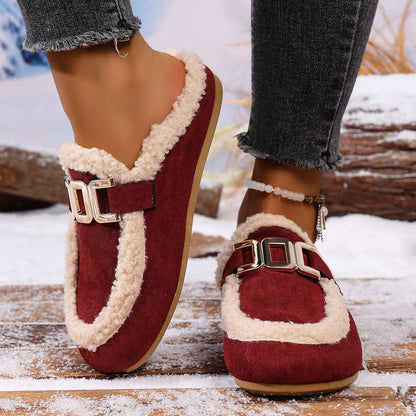 Women's Flat Lamb Wool Slippers Winter New Birkenstock Closed Toe Fluffy Shoes Lazy Cotton Slippers - Babazayed