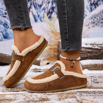 Women's Flat Lamb Wool Slippers Winter New Birkenstock Closed Toe Fluffy Shoes Lazy Cotton Slippers - Babazayed