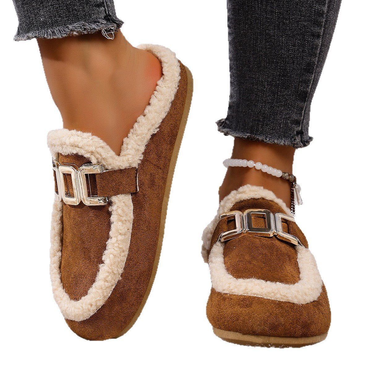 Women's Flat Lamb Wool Slippers Winter New Birkenstock Closed Toe Fluffy Shoes Lazy Cotton Slippers - Babazayed